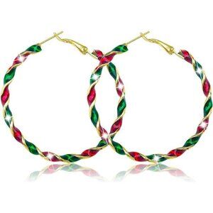 Christmas Earrings for Women Wreath Ornament Twist Hoop Holiday Jewelry